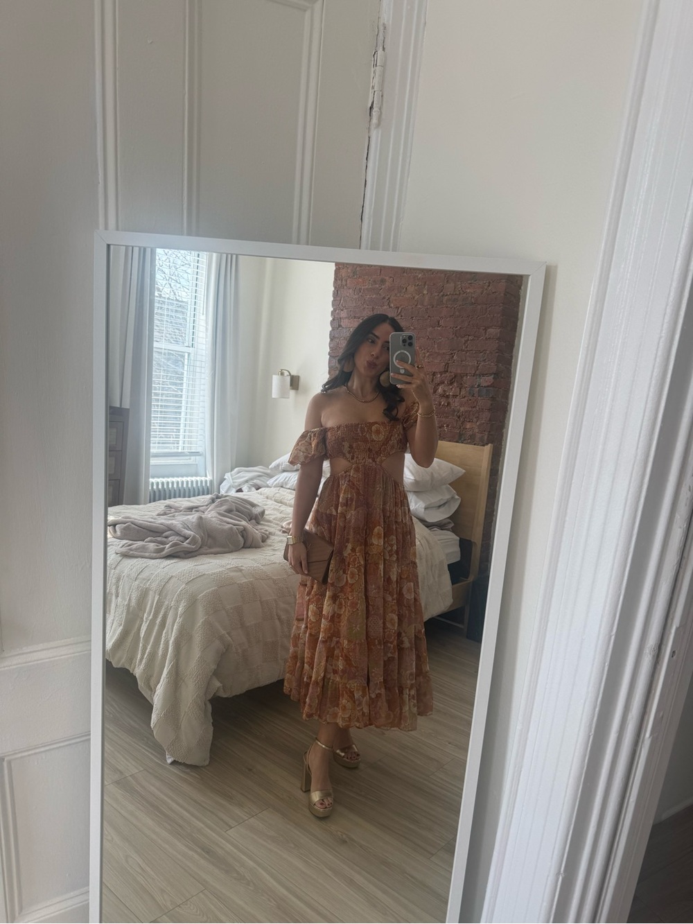 Olivaceous Off-Shoulder Floral Maxi Dress in Rust and Cream
